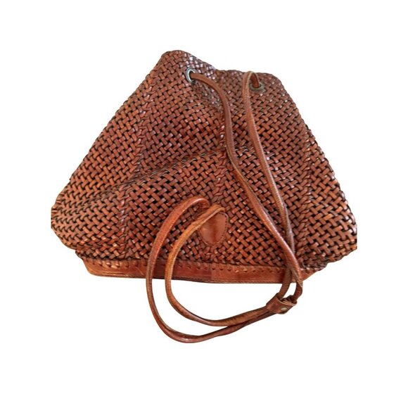 DKNY Womens Backpack Brown Woven Leather Vintage 1990s Casual